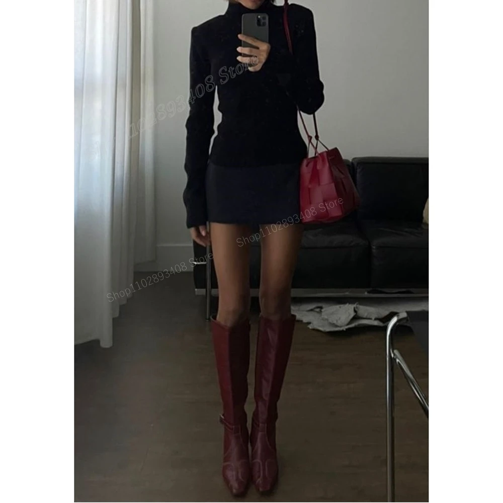 

Wine Red Matte Leather Knee High Boots Pointed Toe Chunky Heel Buckle Strap Women Shoes 2023 Elegant Sexy Zapatos Para Mujere