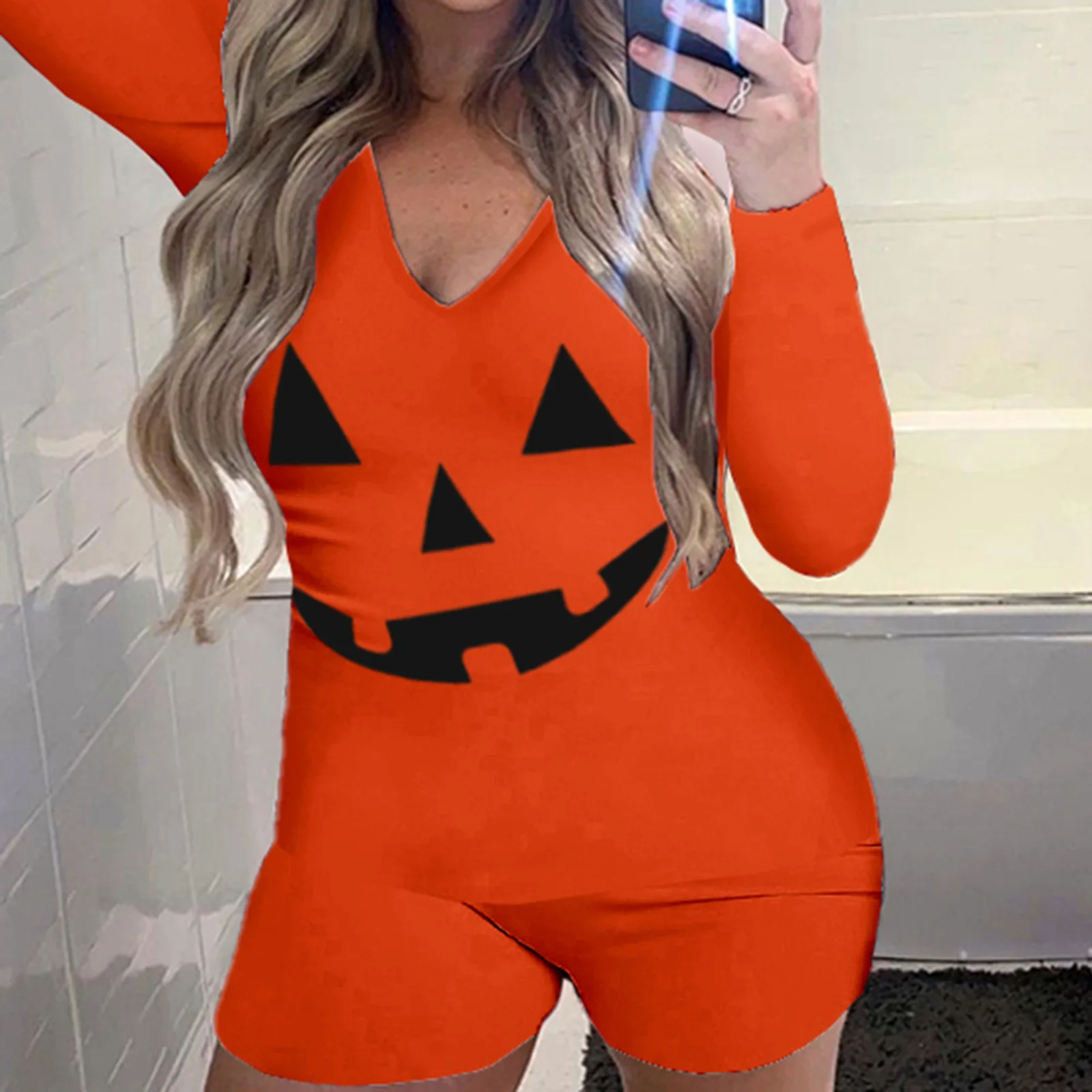 

Women Halloween Jumpsuit Long Sleeve V Neck Ghost Letters Grimace Print Slim Fit Bodysuit Loungewear Sleepwear