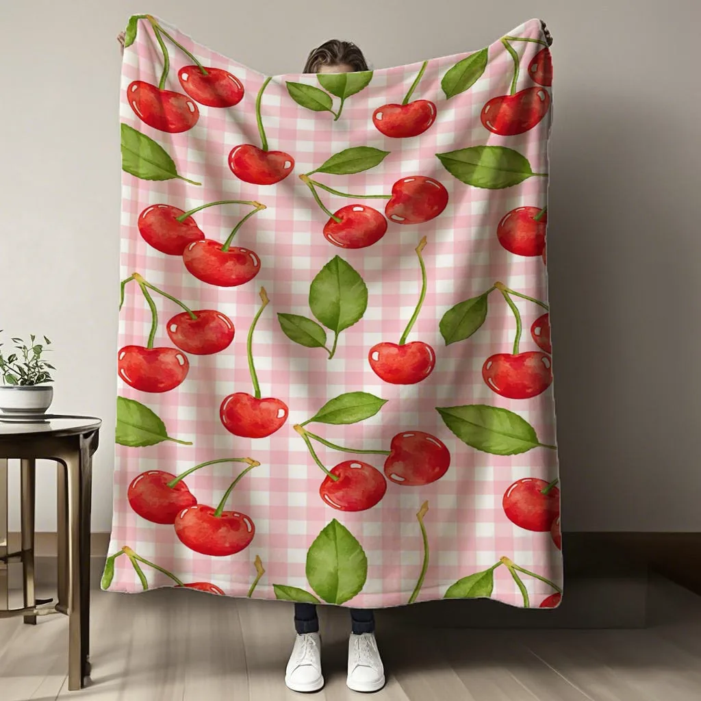 A Pink-checkered Cherry Watercolor Illustration Printed Flannel Blanket, Soft and Warm, Reversible, Suitable for Sofas, Offices,