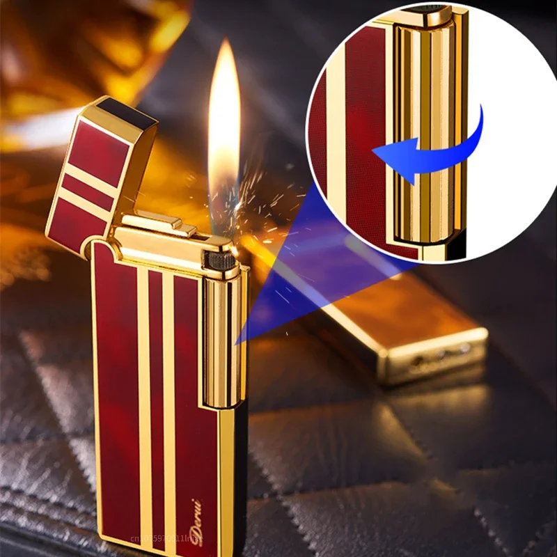 2024 New Derui Ultra-thin Portable Metal Inflatable Lighter Windproof Grinding Wheel Side Slip Lighter High-end Men\'s Gift