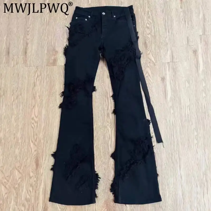 MWJLPWQ 2026 Autumn New Rough Edge Men's Darkly Style Flared Jeans Ro American Streetwear Slimming Hiphop Trouser Fashion 011014
