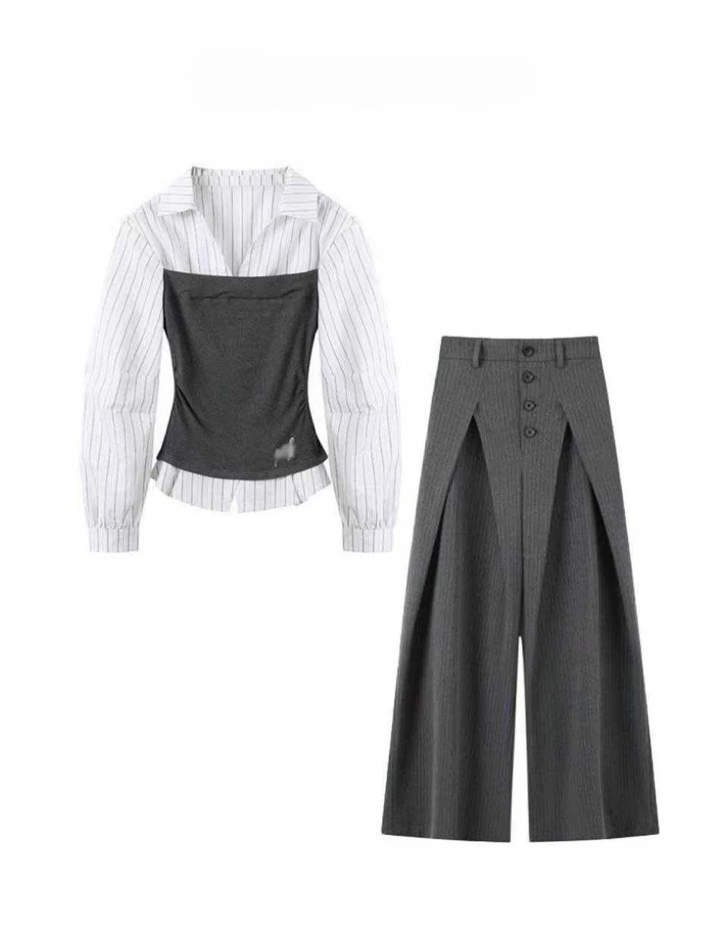 

Весенний комплект 2026: Женский вязаный костюм в корейском стиле с полосатой рубашкой и широкими брюками, повседневный модный комплект с высокой талией