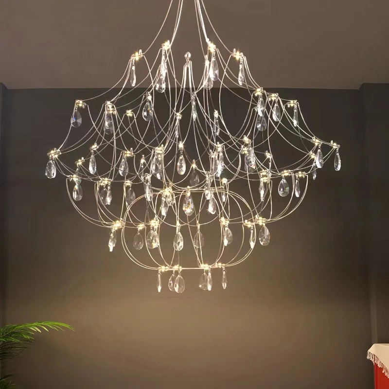 Industrial Wind Duplex Living Room Firefly Lamp Drop Crystal Chandelier Villa Hotel Special-shaped Stainless Steel Led Lighting