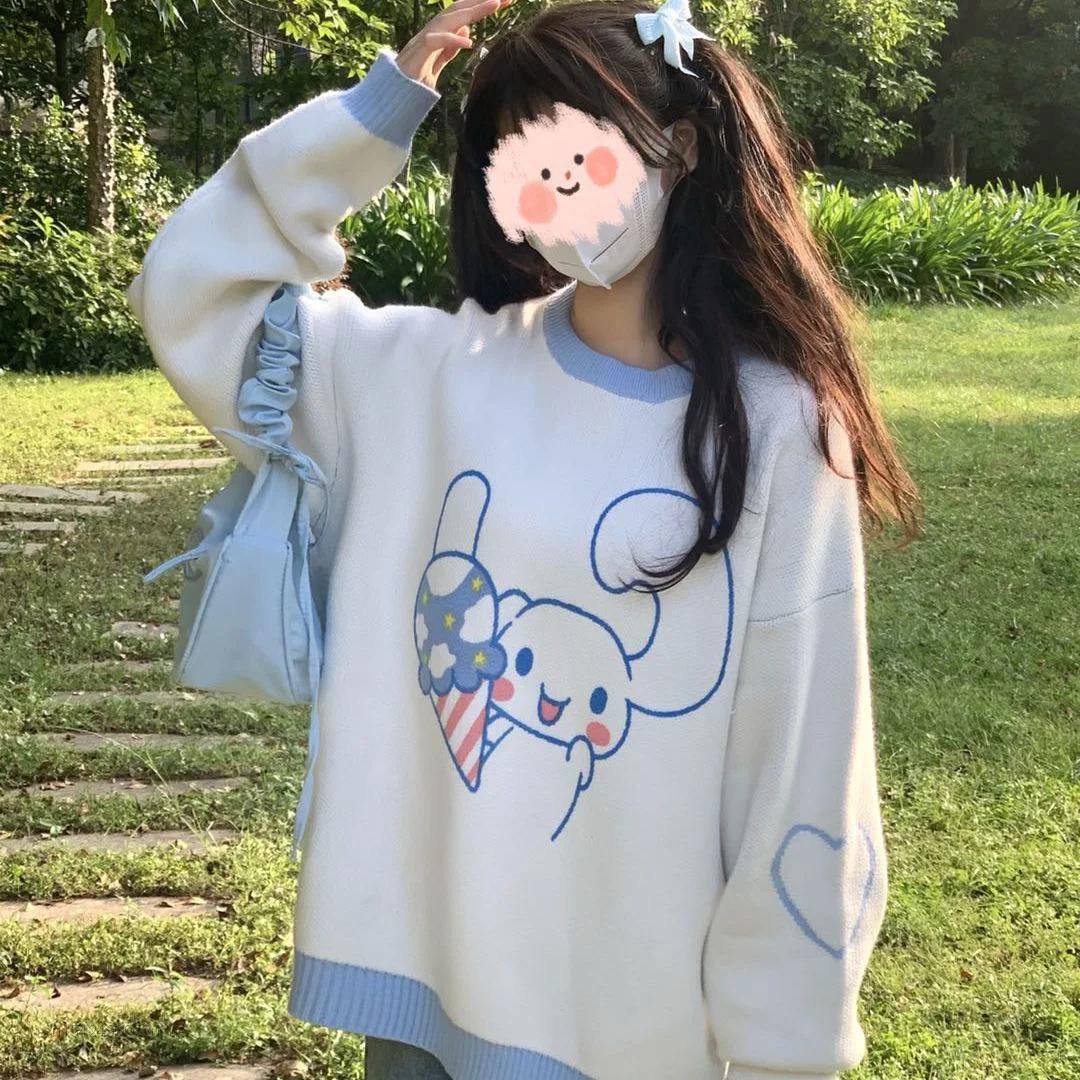 Sanrio Kawaii Anime Kulomi Cinnamoroll Melody Full Sleeve Sweet And Lovely Soft Girl Pullovers Women Sweater Top Outwear Jumper