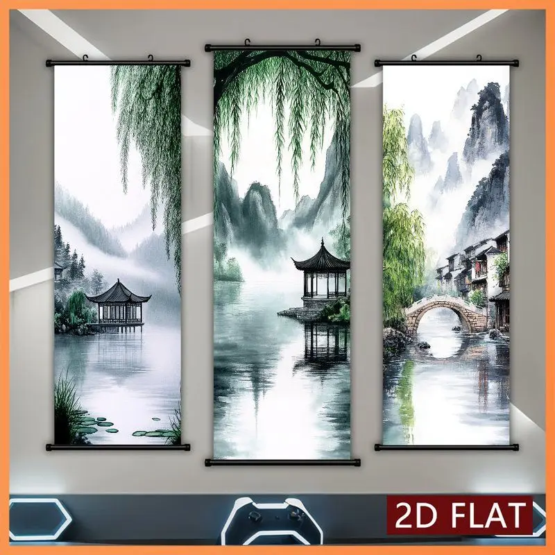 VIKAMA Misty Jiangnan Willows Wall Tapestry Pavilion Stone Bridge Water Town Scroll Art Home Decor Soft Plush Durable Cozy Gift