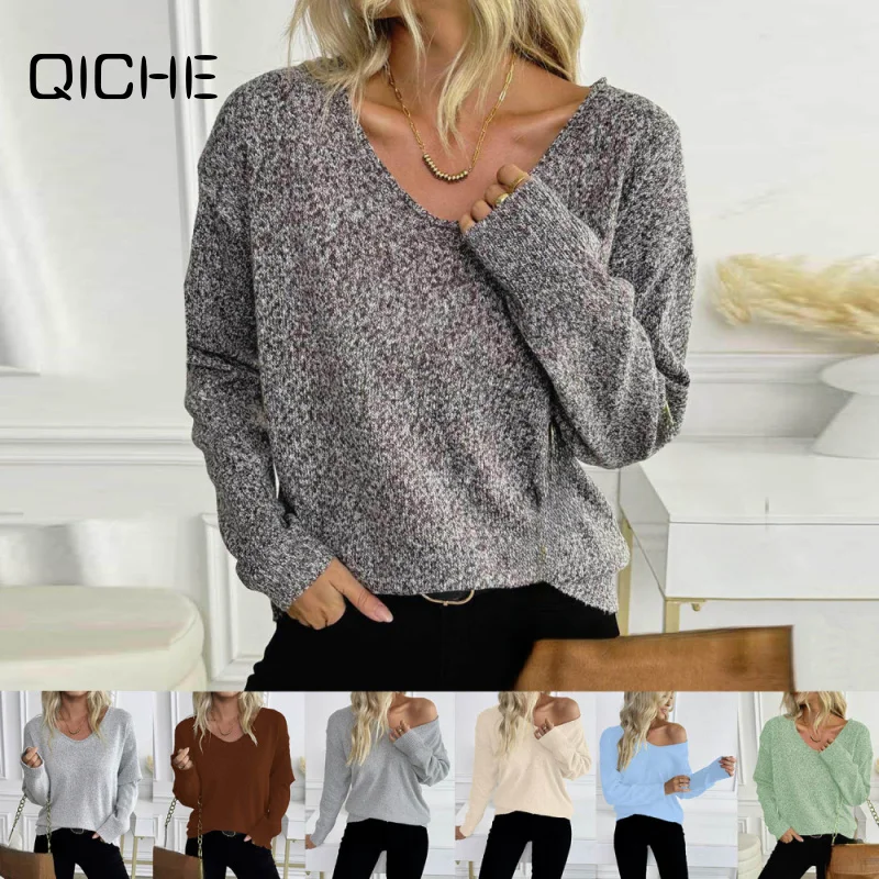 QICHE 2026 Women Classic V Neck Pullover Sweater Simple Multi Color Heather Knit Top Hot Sale Knitwear