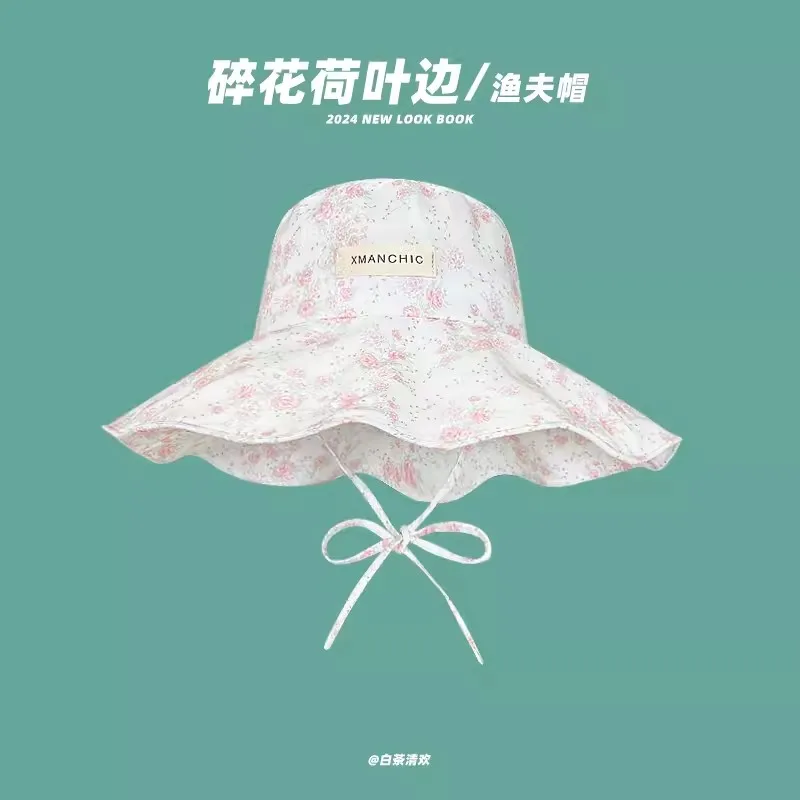 Isn Sweet Floral Lotus Leaf Edge Bucket Hat Spring and Summer Big Brim Sun Protection Show Face Small Cute Mori Czapki damskie