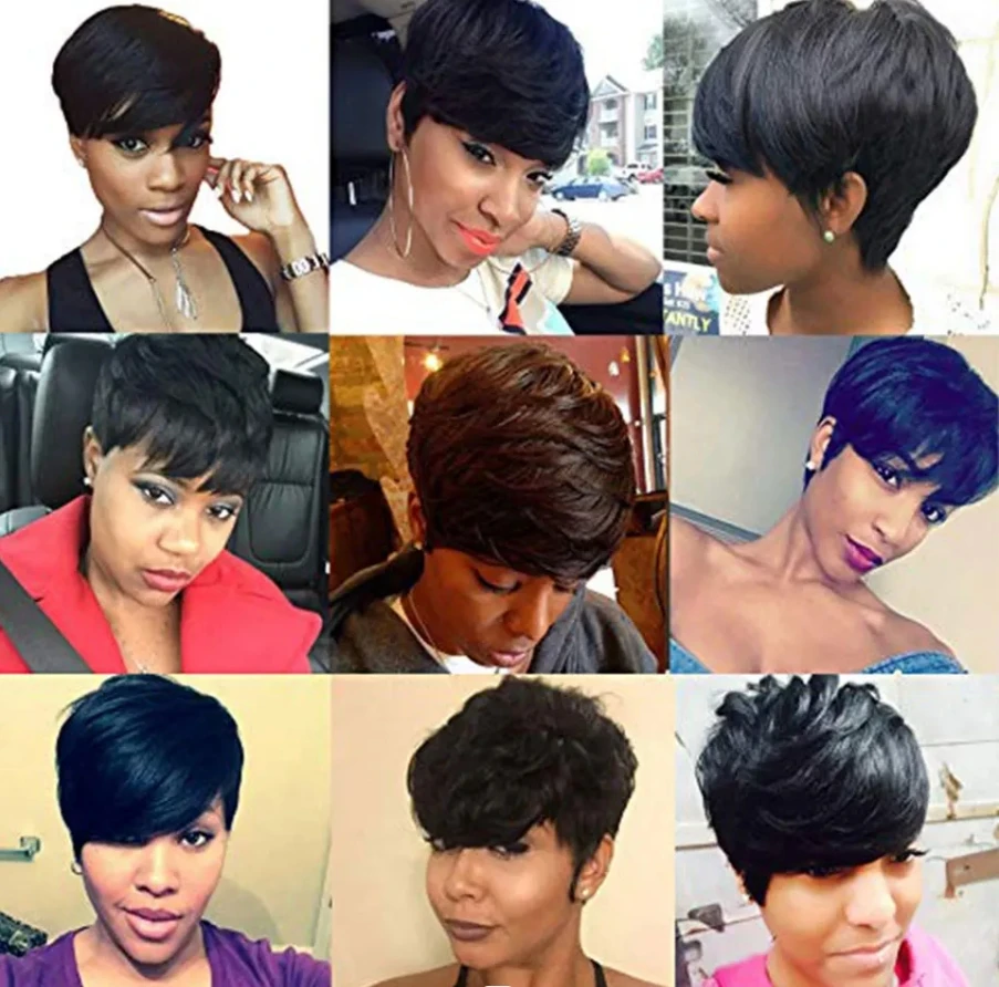 SEVENMOONS Pixie cut Straight Human Hair Short Bob Wig Cheap Remy Human Hair for Black Women Full Machine Made Wig For Daily Use