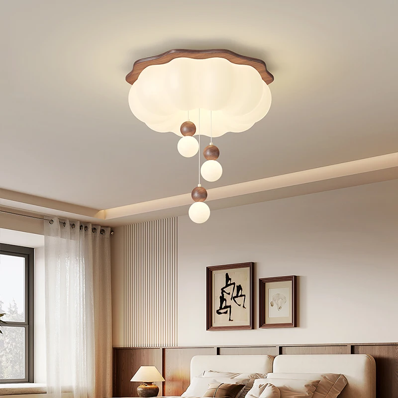 Antique-style Walnut Wood  Led Chandelier Cream Cloud Bedroom Lamp Full-spectrum Eye-friendly Lighting For Children's Rooms