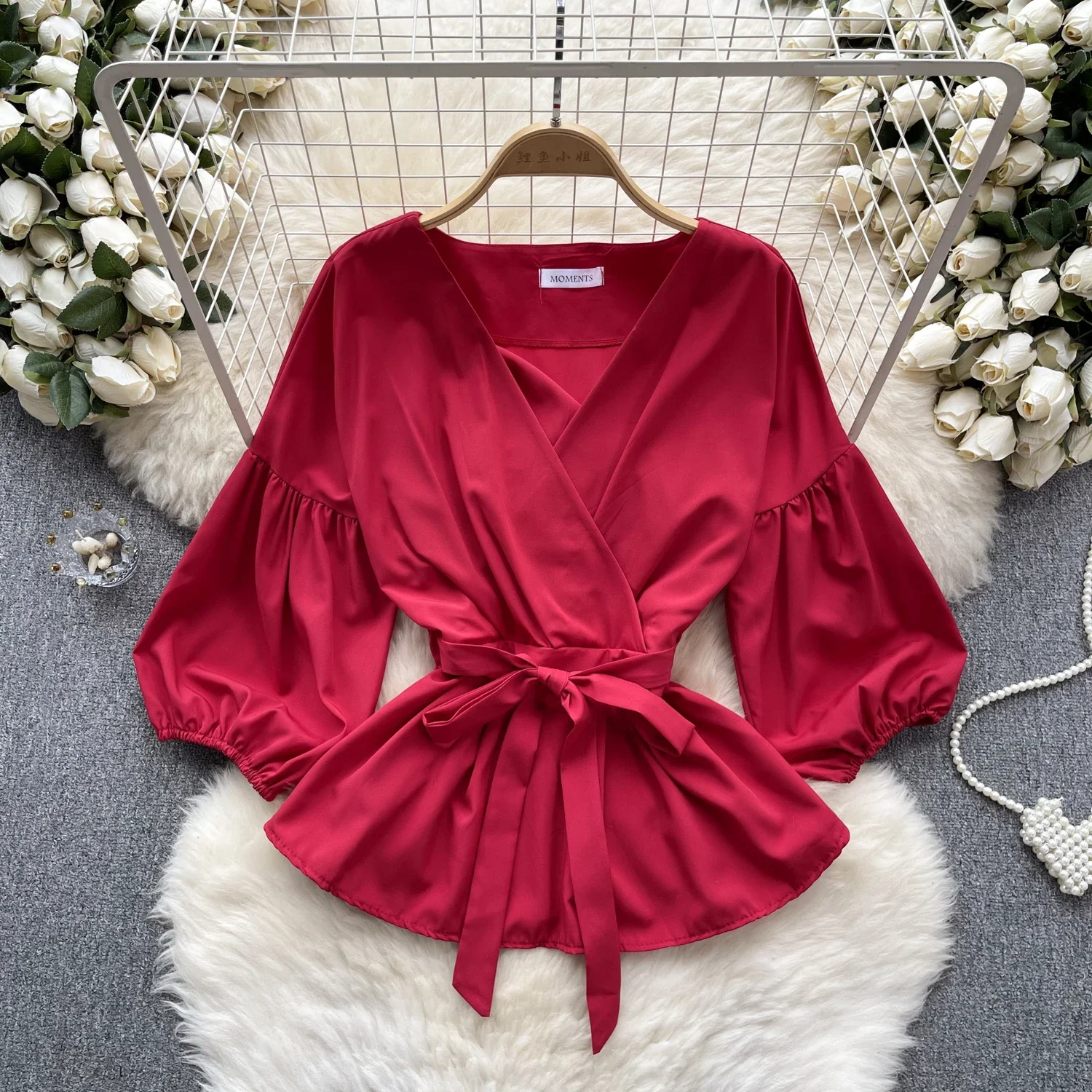 

Elegant Satin Ruffles Long Puff Sleeves V-neck Blouse Chic Bandage Vintage Korean Fashion Crop Top Women Summer Shirts Clothing