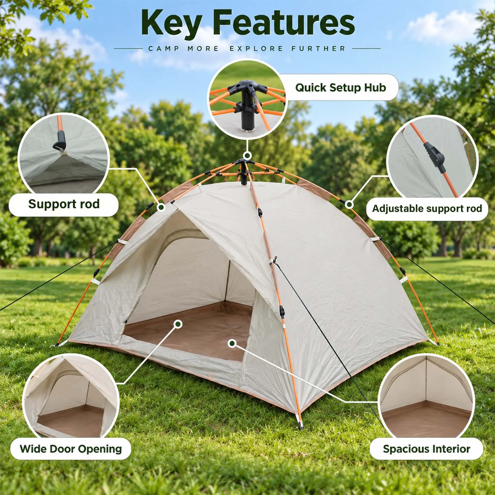 Pop Up Camping Tent Automatic Instant Setup 2 Person Dome Tent with Mesh Door for Outdoor Hiking Beach Park Family