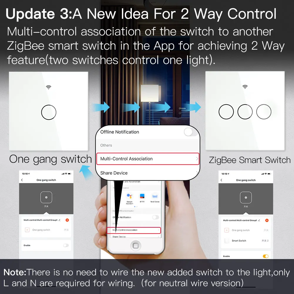 Interruptor de luz inteligente ZigBee táctil de pared con neutro/sin neutro, sin condensador Smart Life/Tuya funciona con Alexa, requiere Google Hub