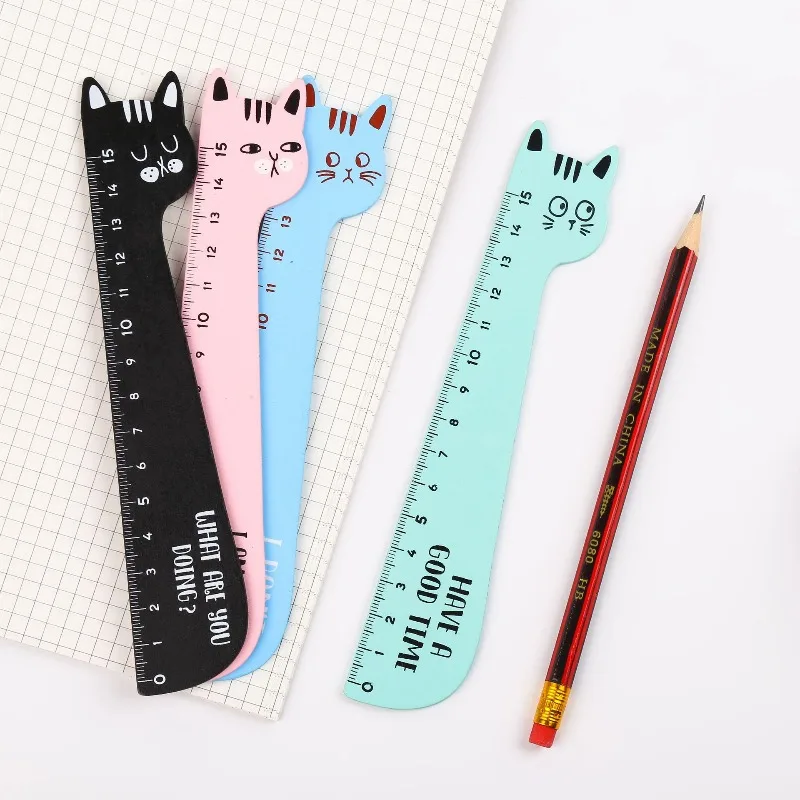 Creative Cute and Fresh Student Prizes Drawing Ruler Hand Account Wooden Cute Cat Wooden Ruler 15cm Student Reward Stationery