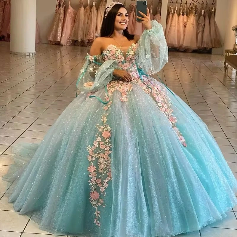 

Aqua Blue Ball Gown Quinceanera Dress 3D Floral Appliques Princess Tulle Long sleeved Vestidos De 15 Años Birthday Party Sweet