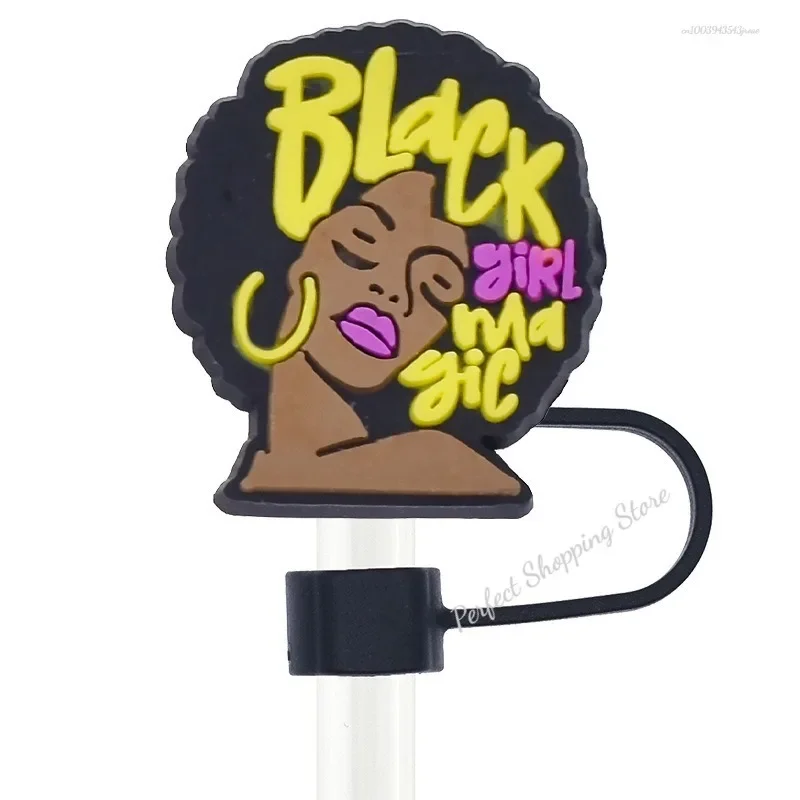 Black Girl Straw Cover Cap 10MM Drink Straw Plug Reusable Splash Proof Drinking Fit Cup Straw Cap Charms Pendant Cup Accessories