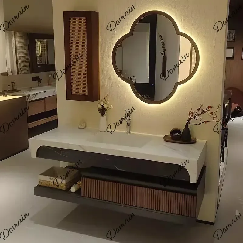 BXY High-End Antique-Style Bathroom Vanity Set Solid Wood Carving Seamless Ceramic Slab Basin For Luxury Bathrooms