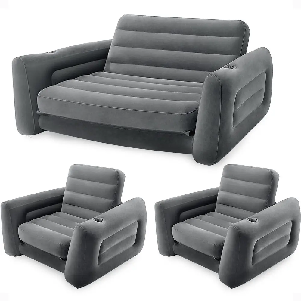 Inflatable Furniture Set with Queen Sized PullOut Sofa Bed and 2 Sofa Sleepers, Gray Air Mattress, Portable Couch, Lounge Chair