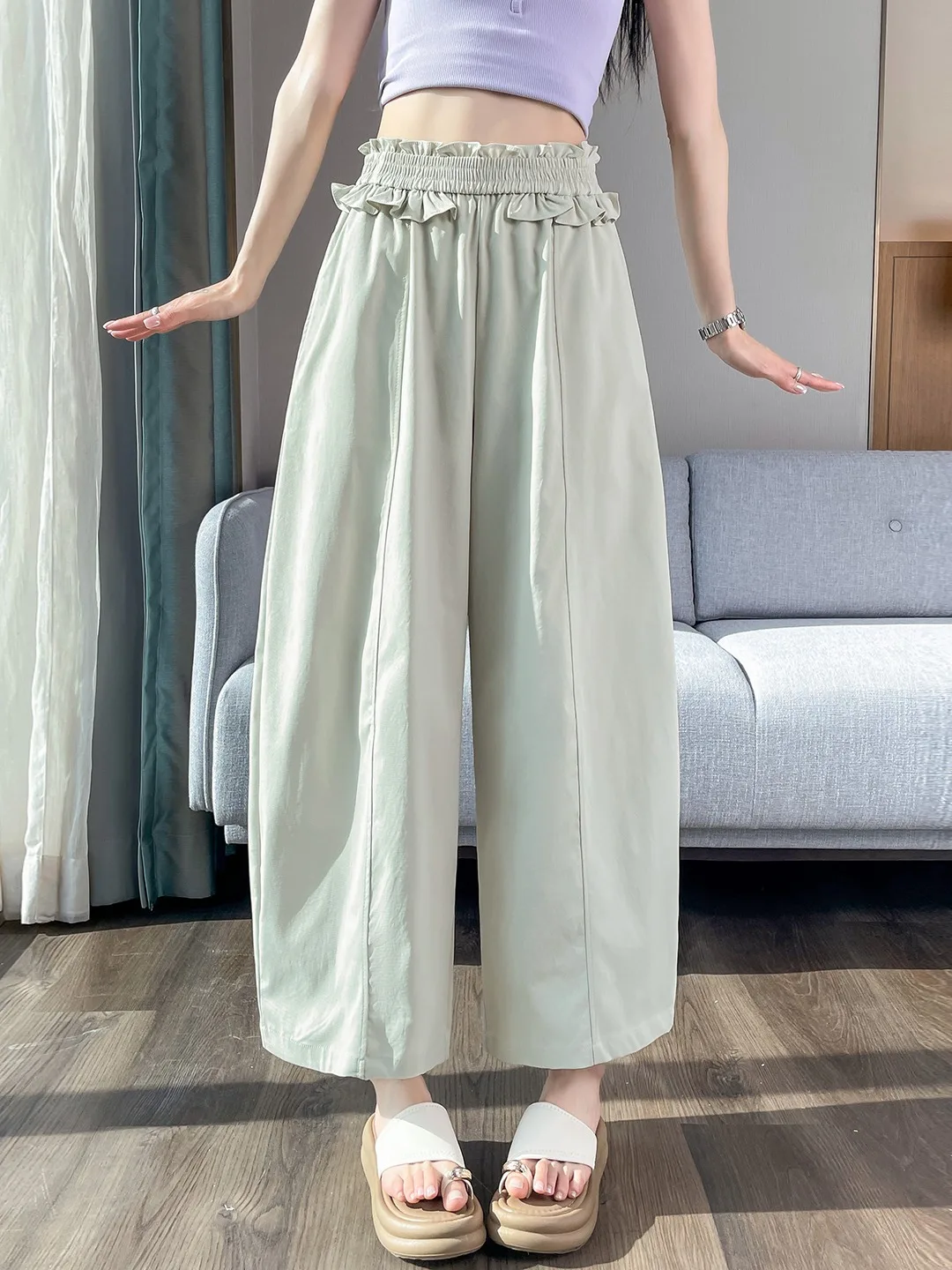 

Casual Ear Chopin Wide Leg Pants Women Summer Bloom Waist Loose Nine Points Thin Straight Tube Wide Leg Pants