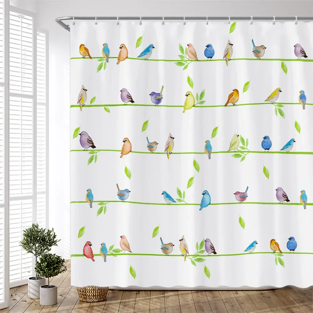 Cartoon Colorful Birds Shower Curtains Creative Design Watercolor Printing Chinese Style Cloth Bathroom Curtain Set Simple Decor