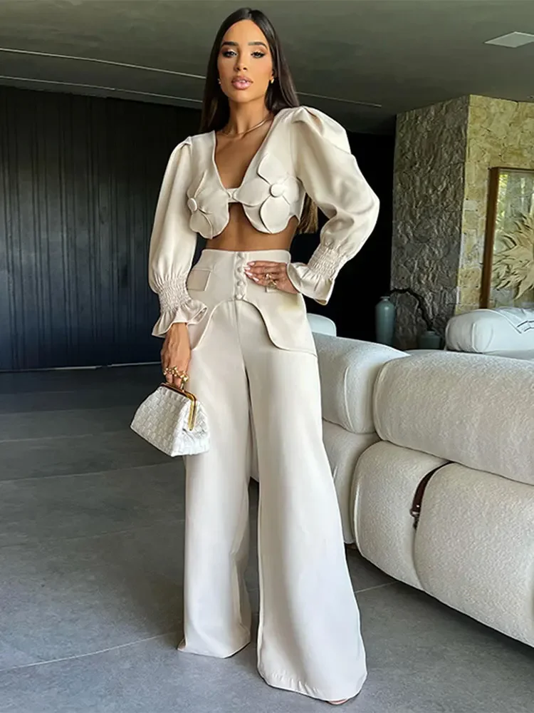 

Women Elegant 3d Flower High Waist Wide Leg Pants Suit Chic V Neck Long Flare Sleeves Crop Top Set Female Fashion Outfits 2024