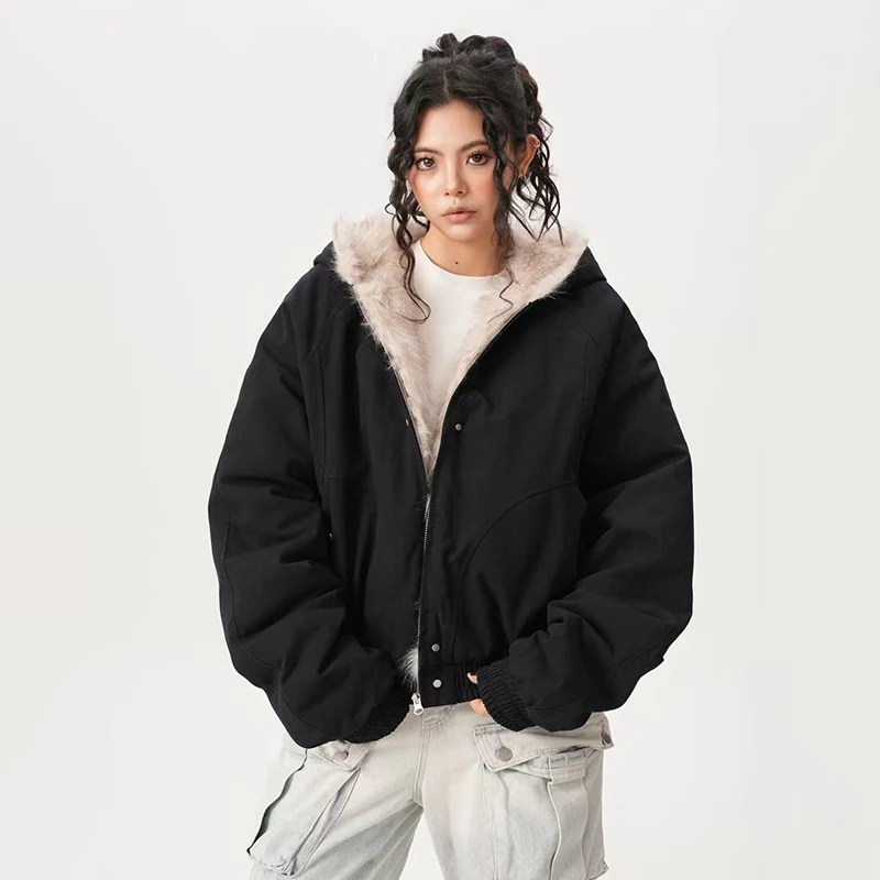 Winter Warme Kunstpelz Jacke Frauen Y2K Mode Streetwear Lose Beiläufige Plüsch Mäntel Bf Amerikanischen Alle Spiel Mit Kapuze Outwear Neue