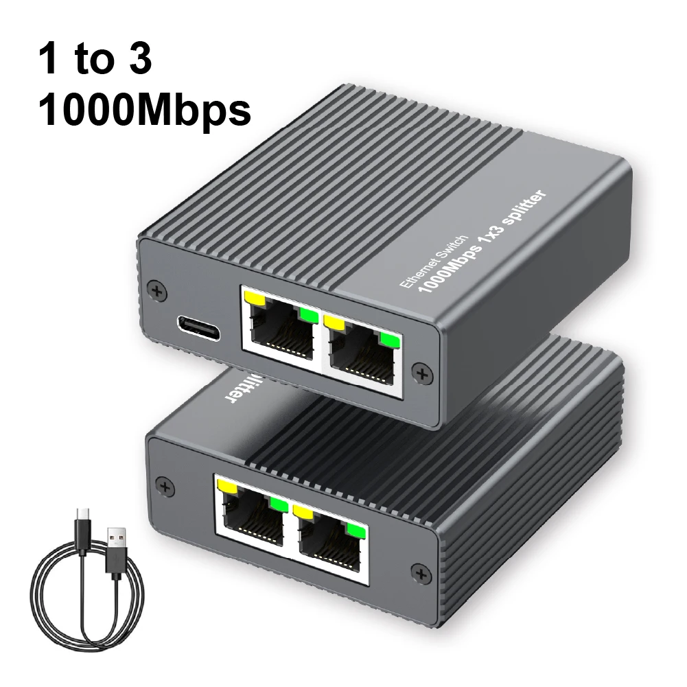 1-to-3 Gigabit Ethernet Switch Splitter 1000Mbps Gray Aluminum USB-C Power LED Compact for Laptop Desktop Home Office TV Game