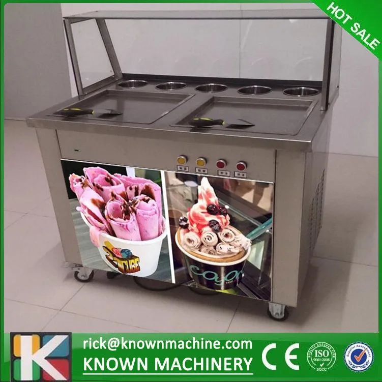 Free shipping by sea  double square pans with 5 topping tanks of fried ice cream roll machine with R410A Refrigerant