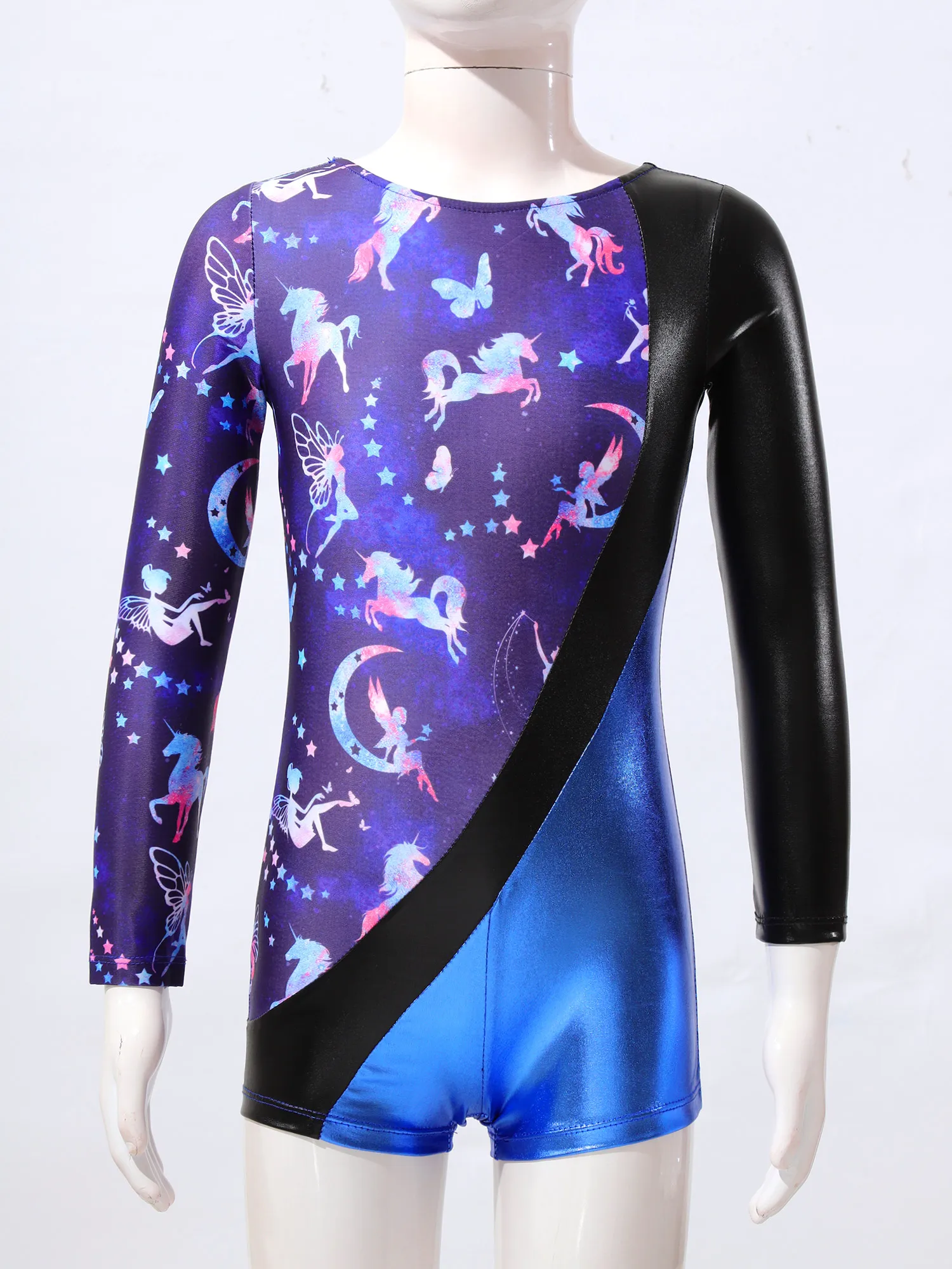 Kids Girls Long Sleeve Gymnastics Jumpsuit Outfit Ballet Dance Workout Leotard Patchwork Print Tumbling Skating Bodysuit Clothes