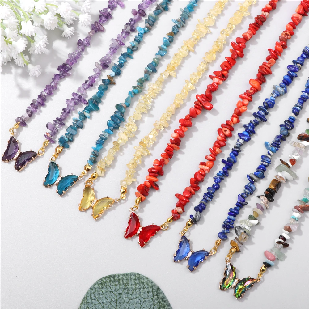 Trendy Colorful Butterfly Necklace Natural Tiger Quartzs Beaded Pendant Necklaces Party Jewelry for Women Girls Friendship Gift