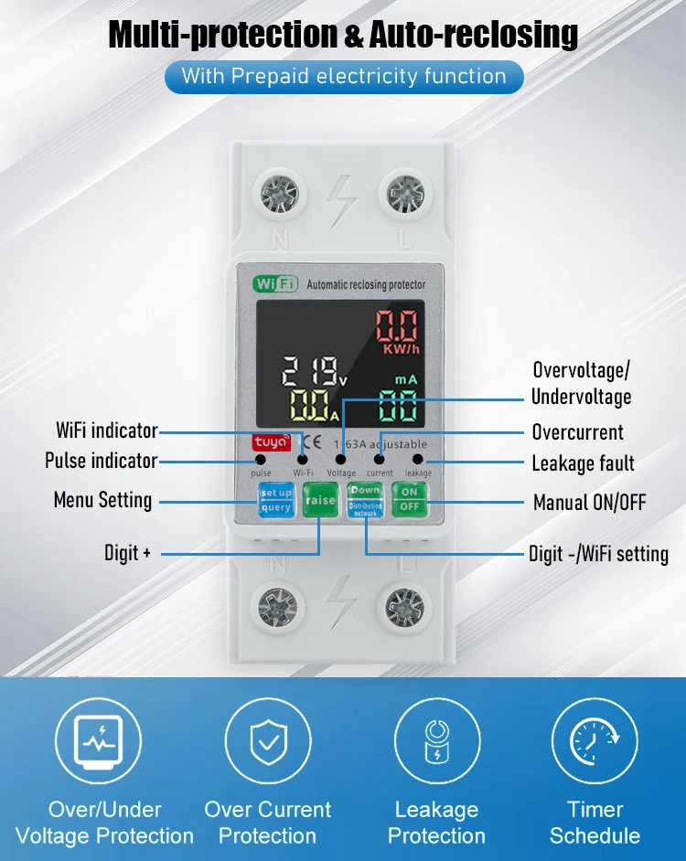 Dubbele cut-off Tuya Smart WiFi Schakelaar Thuis 63A 2P 220V Elektriciteitsmeting Overbelasting Bescherming Timer relais