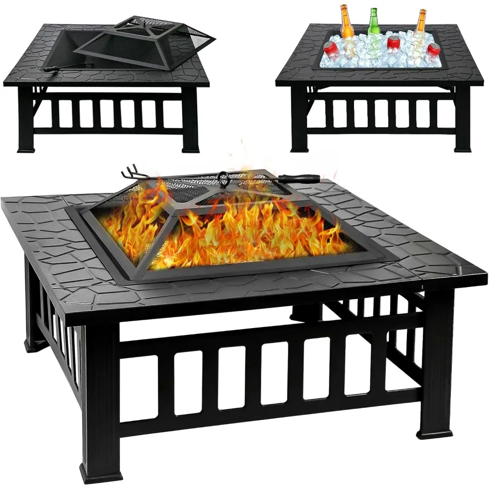 32 Inch Fire Pit Table with Fire Poker & Spark Screen, Outdoor Burning Fire Pits, 3 in 1 Metal Square Firepit Stove for Outside