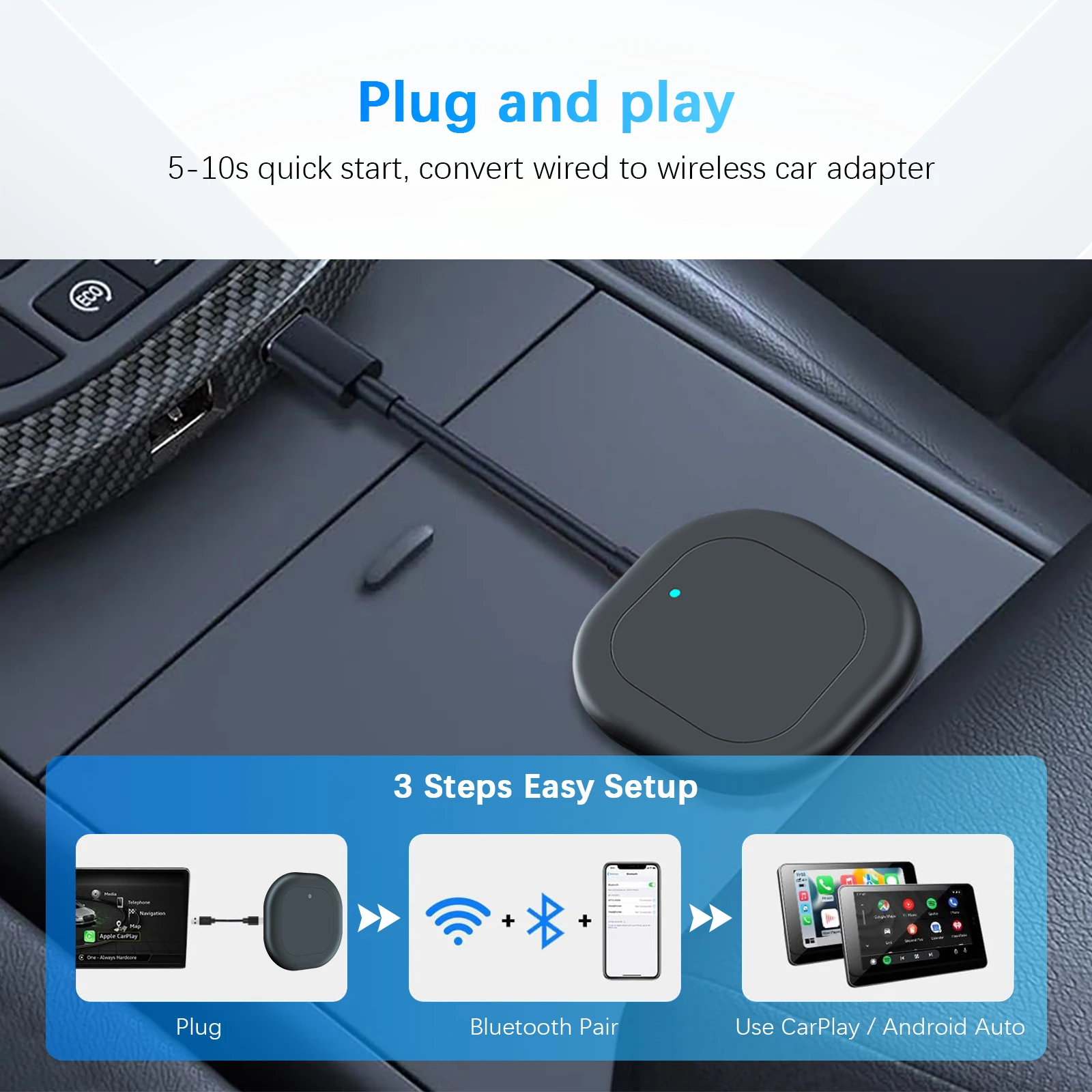 2in1 무선 CarPlay & 안드로이드 오토 어댑터 추가 케이블 5G WiFi BT5.2 플러그 앤 플레이 USB 저장, 도요타 등 99% 차량 호환