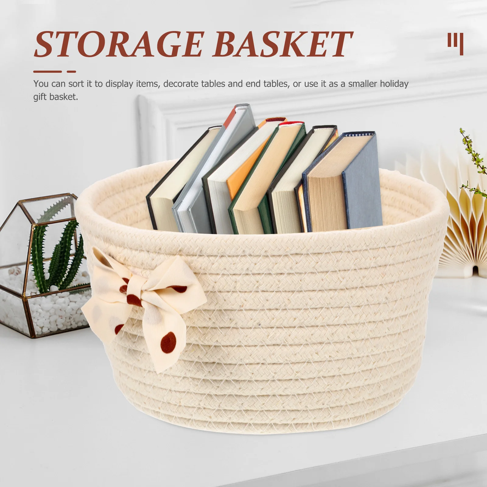 

Nordic Cotton Rope Woven Storage With Bow Decoration Small Round Baskets For Organizing Shelves Decorative Mini Basket