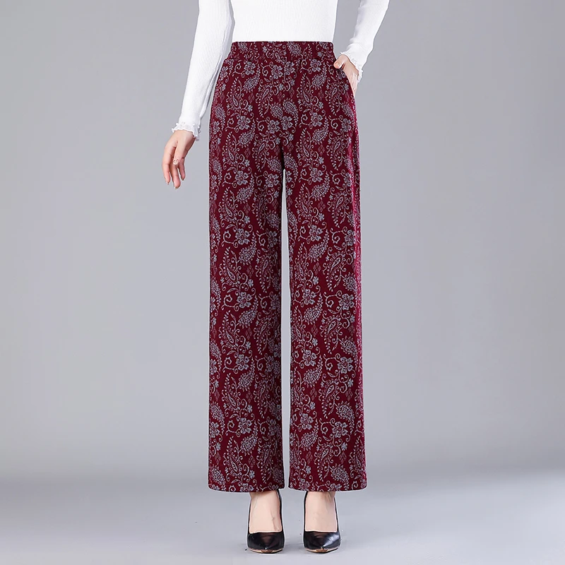 Calças de impressão femininas de outono cintura elástica calças de escritório casuais plus size