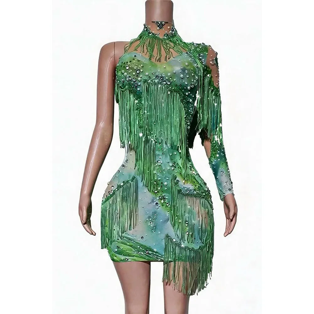 Vestido Mini Sexy de Una Manga con Estampado Verde para Mujer, Cuello Halter, Lentejuelas Brillantes, Borlas, Ajustado, para Discoteca, Actuación, Disfraz de Escenario