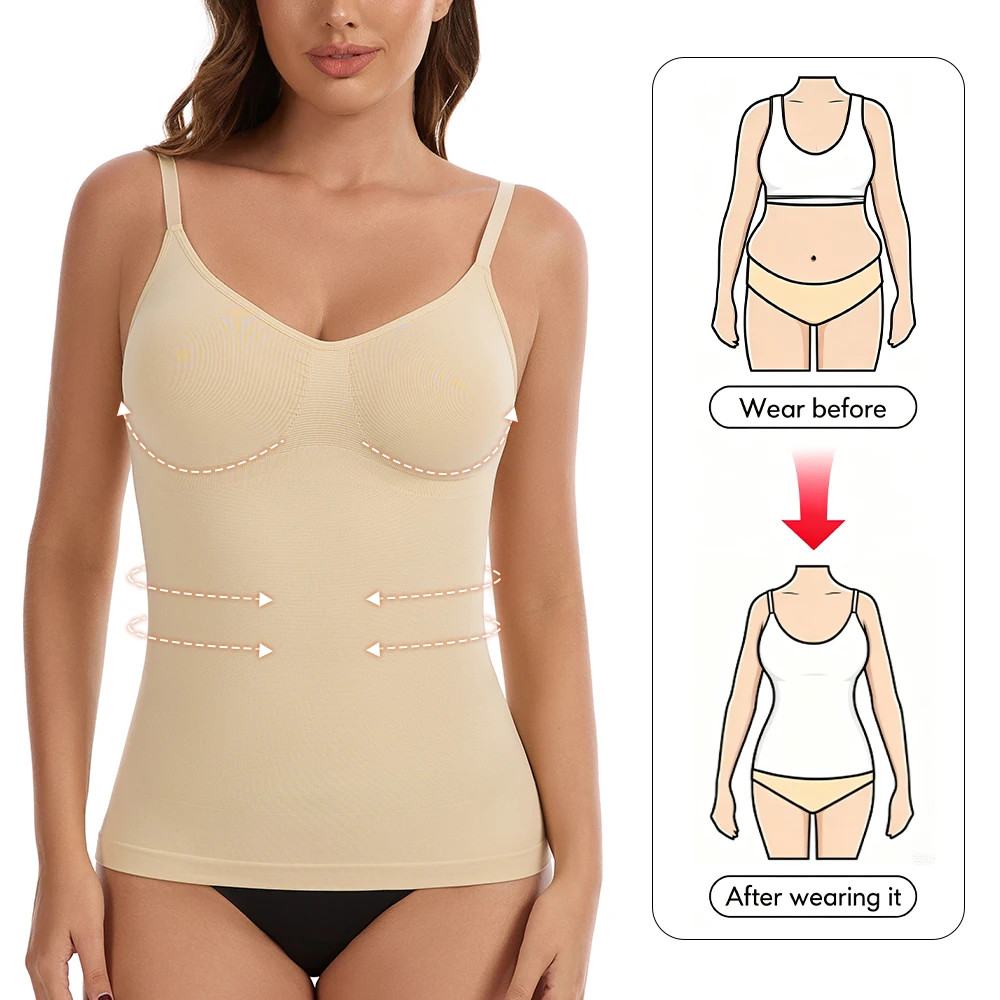 Damen Shapewear Camisole Tank Top Bauchkontrolle Schlankheits-Bodyshaper Cami mit Eingebautem BH Nahtloser Taillenformer