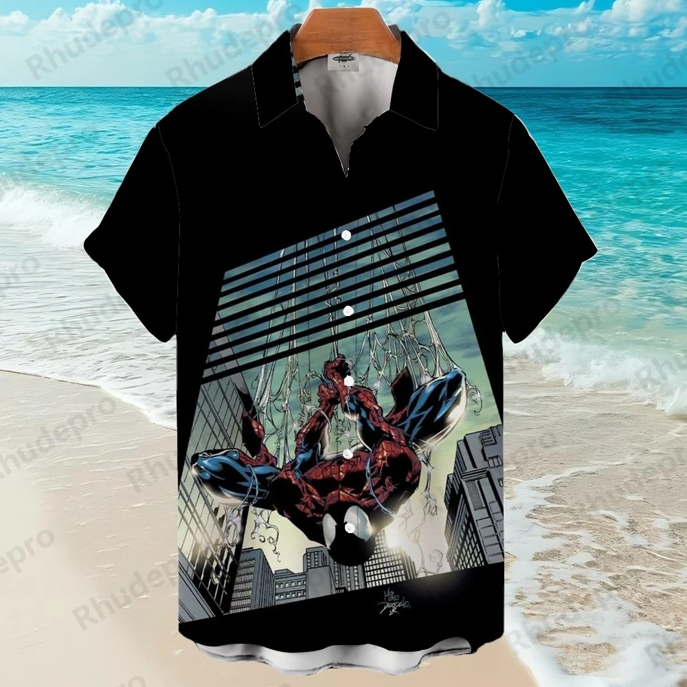 ديزني الرجل العنكبوت خارقة الصيف ثلاثية الأبعاد قمصان الرجال قمصان هاواي الشارع الكرتون قمصان عادية قمصان الموضة Ropa De Hombre #3