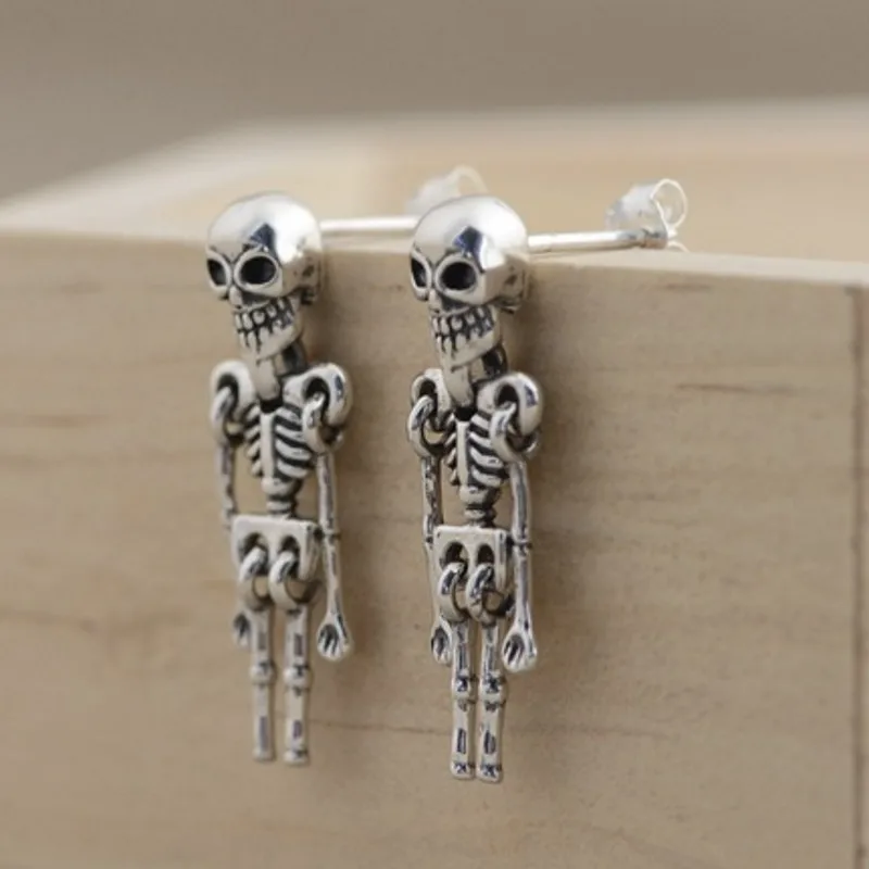 

BOCAI New Real S925 Pure Silver Jewelry Skull Earrings Fashionable Skeleton Frame Men's And Women's Earrings