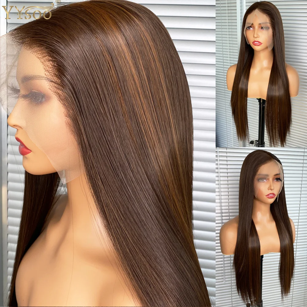 YYsoo 13x6 Long Silky Straight Wigs for Black Women 4/30 Synthetic Lace Front Wig Futura Highlights Heat Resistant 6 inch Part