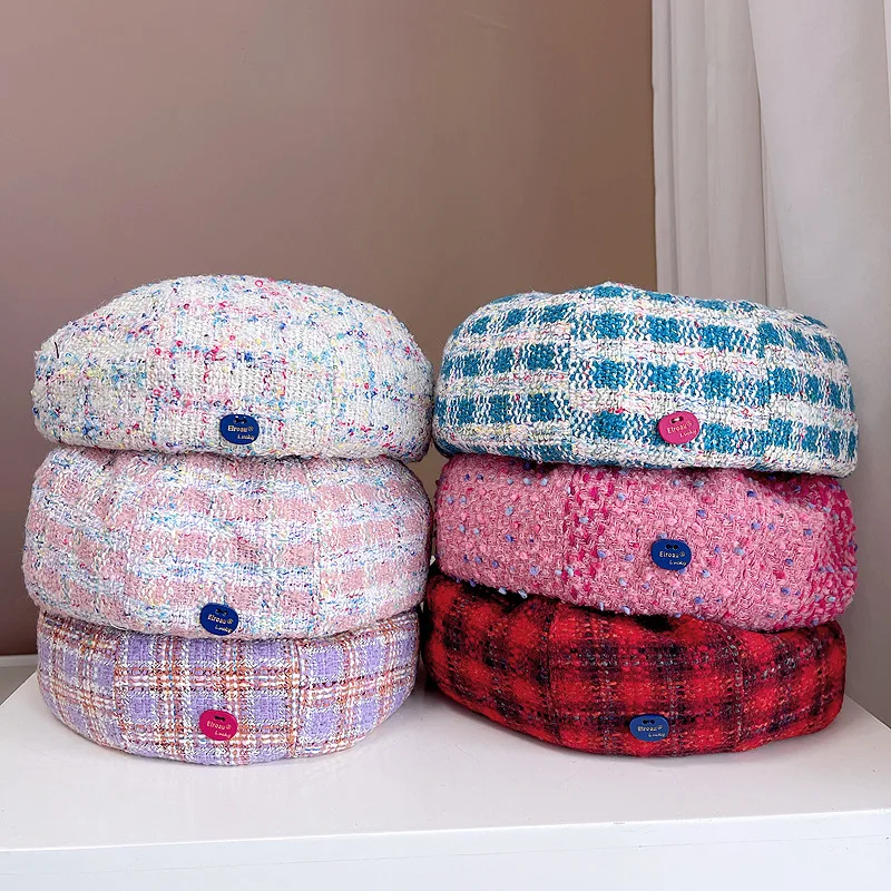 

British Tweed Color Plaid Fashion Button Beret Female Cute Trendy Painter Hat Korean Warm Pumpkin Hat Women