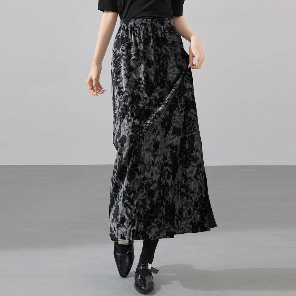 

Китайская юбка с принтом в стиле ретро, осень-зима 2025 года, новая эластичная плиссированная длинная юбка с высокой талией и разрезом в национальном стиле