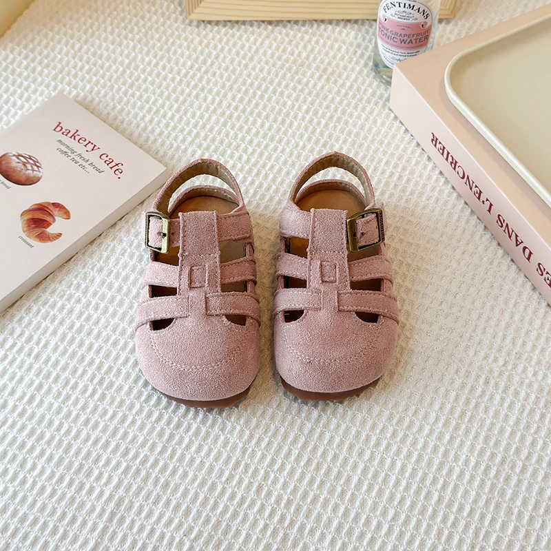 Sandalias de verano de cuero de ante para niños, zapatos de playa transpirables con tiras, zapatos planos de corcho para niños pequeños, zapatos planos informales de moda
