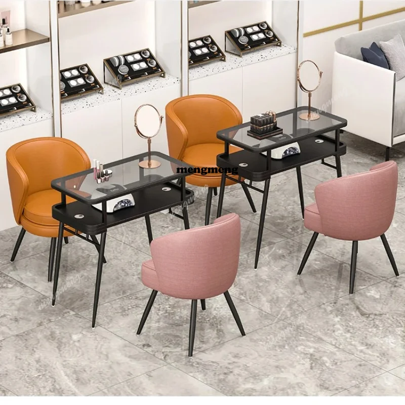 nail salon special dressing table salon furniture Modern simple manicure table and chair sets light luxury glass tabletop