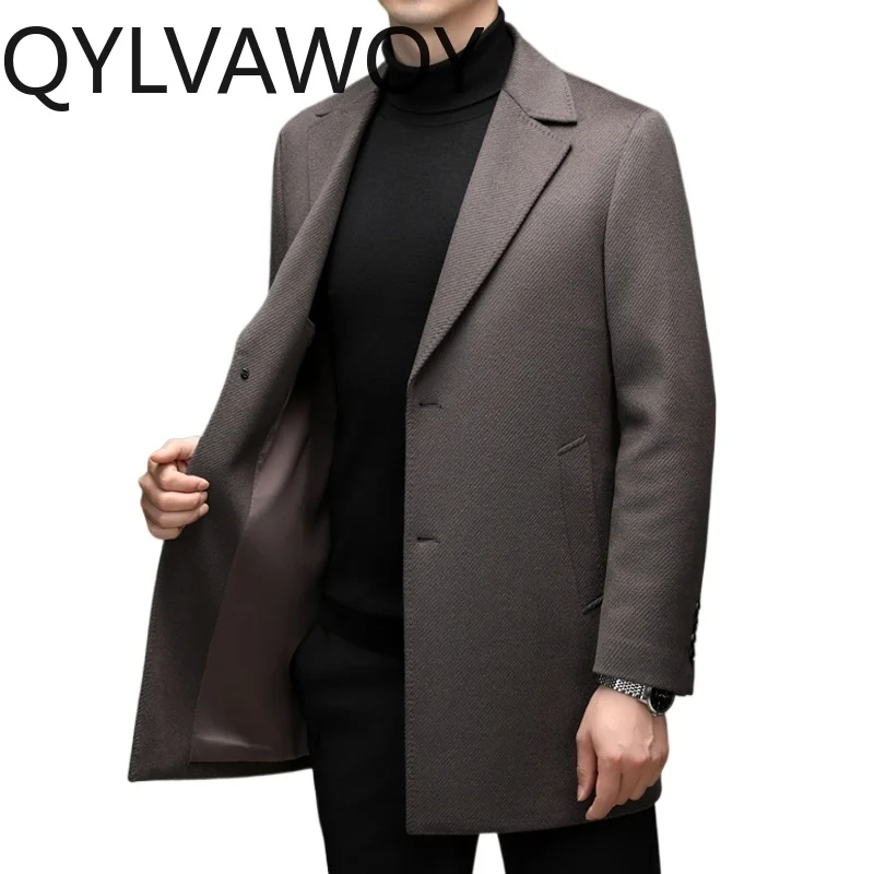 QYLVAWOY 100% Wool Men Jacket Tailored Collar Mid Length Clothes for Man Jackets Business Casual Coat High Quality Mantel Herren