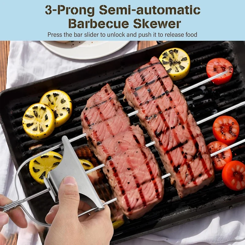 3 Way Skewers Metal Skewers For Grilling, Metal Grill Skewer With Push Bar Slider