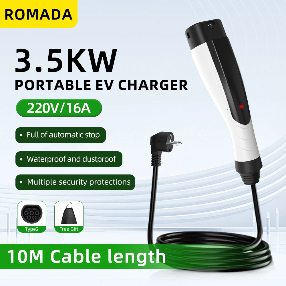 NIEUWE ROMADA 3.5KW 16A Draagbare EV-oplader met 3M-10M kabel IEC62196 TYPE2 EVSE EU-stekker Veilig opladen voor elektrische voertuigen - afbeelding 1