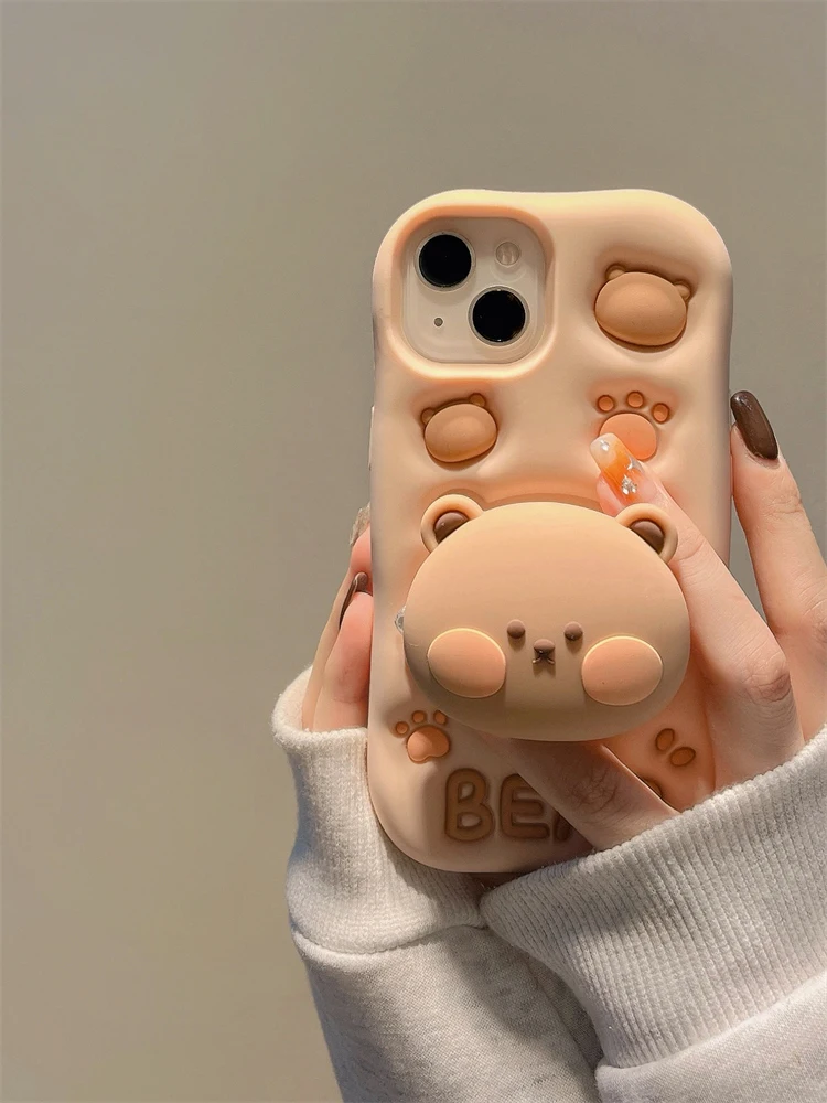 Schöne 3D Bär Versteckte Halter Stehen Silikon Telefon Fall Für iPhone 11 12 13 14 15 16 Pro Max XS XR X 7 8 Plus Nette Mädchen Abdeckung – Detail 5