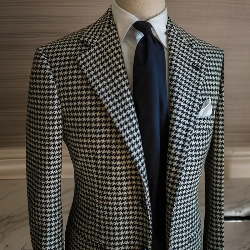 

Houndstooth Blazer For Men Ready To Ship Plaid Notch Lapel Male Suit Jacket Stylish Male Fashion Coat 2024