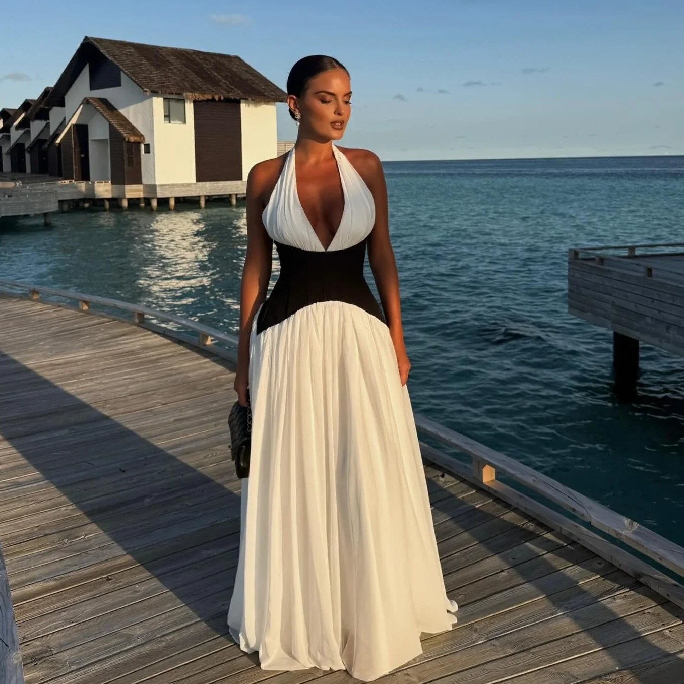 

Summer White Backless Maxi Dress Women 2025 Fashion Patchwork Sleeveless Sexy Party Dress Long Halter Club Vestidos