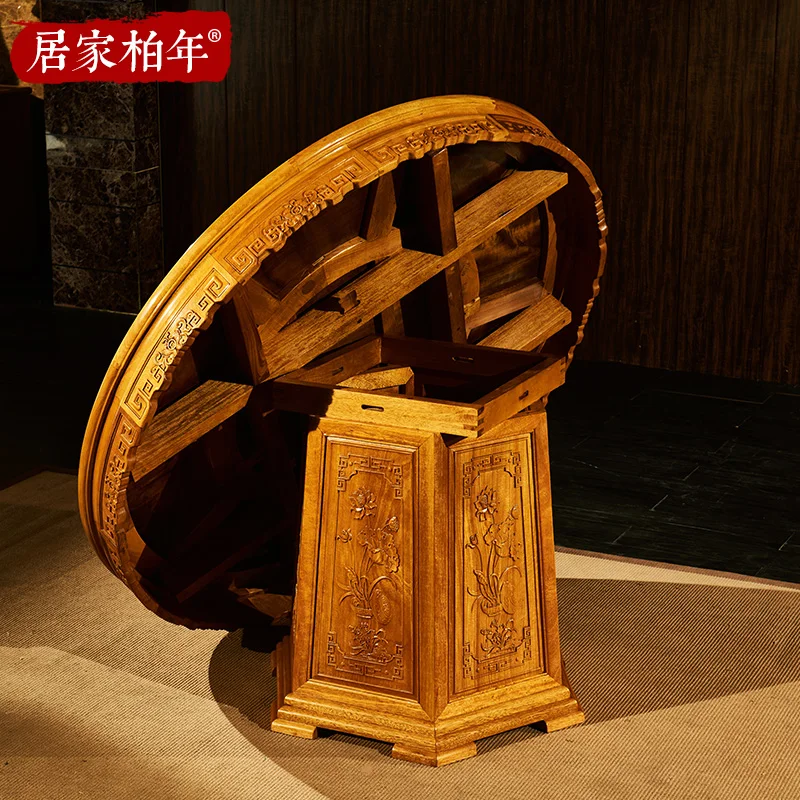 Meja Bundar Nanmu Emas, Meja Makan Rumah Kayu Solid Bulat Cendana Merah, Meja Makan dan Kursi Rosewood Furnitur Cina c